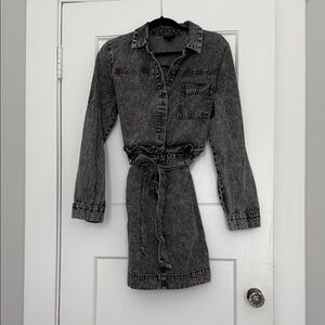 Black Acid Wash Denim Long Sleeve Dress with ruffle detailing